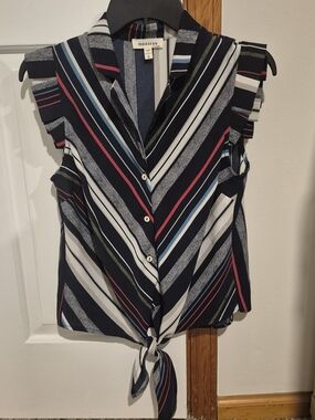 Monteau Navy Striped Tie-Front Sleeveless Blouse